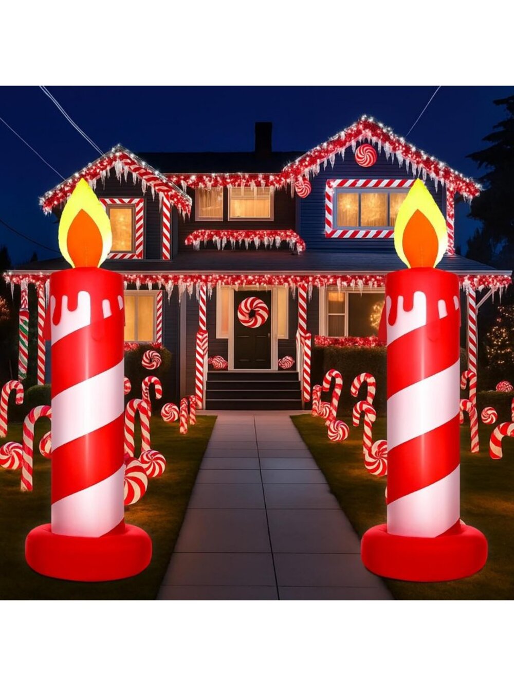 2 Pcs 7ft Christmas Inflatables - Candy Cane & Candle Outdoor Decorations
